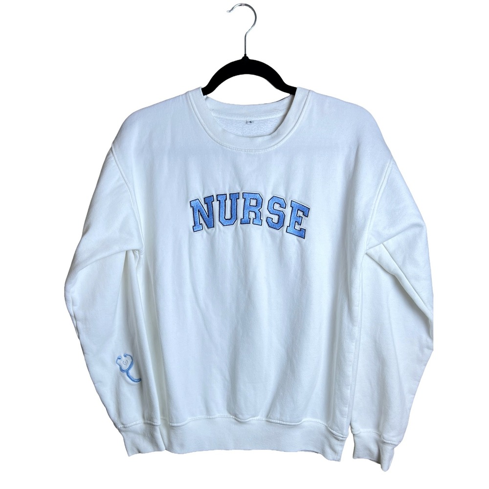 Unbranded Embroidered Nurse White Blue Crewneck Sweatshirt Size S